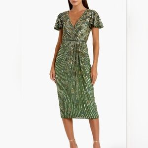 Embellished Faux Wrap Flutter Sleeve DressMac Duggal (Size 16 Sage Color)